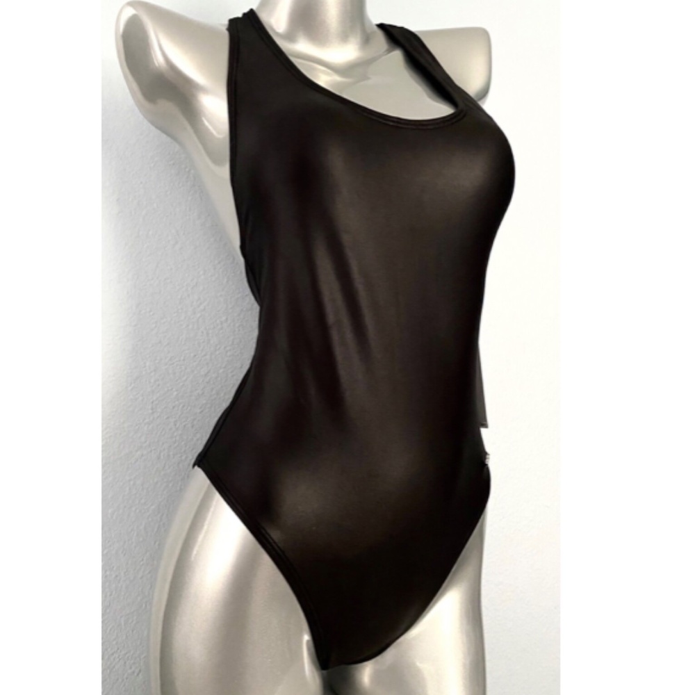Calvin Klein Swimwear Women's Nwt Black Shine Wet Look Cut Out Back One Piece